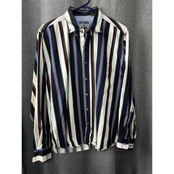 Vtg Gulf Traders Shirt Mens Large Striped Long Sleeve Button Up 90s Retro - Picture 2 of 7
